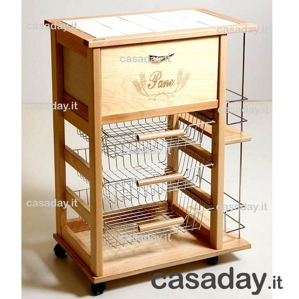 CARRELLO LEGNO C/CASSETTO PORTAPANE+BOTTIGLIE NOCE 